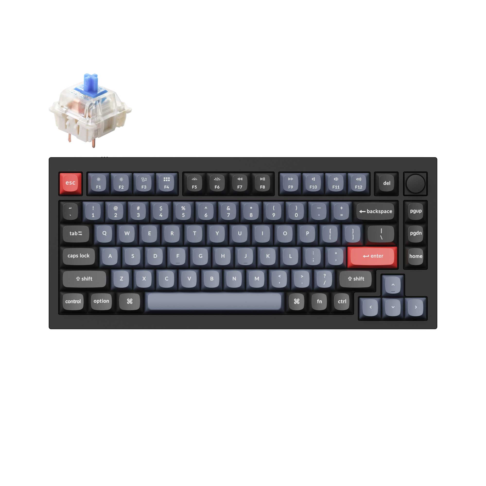 Keychron Q1 QMK VIA custom mechanical keyboard 75 percent layout full aluminum black frame knob version for Mac Windows iOS RGB backlight with hot swappable Gateron G Pro switch blue